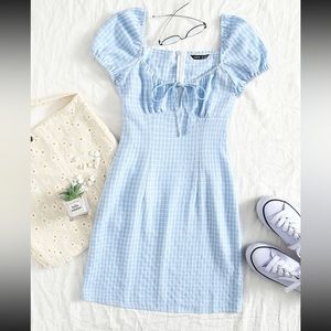 Tie front grid print blue dress